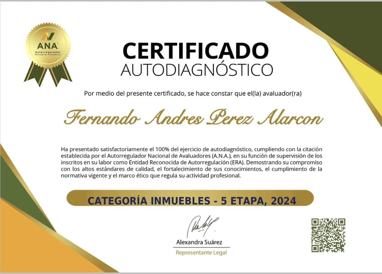 Certificado Autodiagnóstico - Autoregulador Nacional de Avaluadores ANA - Fernando Andrés Pérez Alarcón - Consulta Mis Inmuebles S.A.S. | Tu nuevo comienzo empieza hoy! Certificado Autodiagnóstico - Autoregulador Nacional de Avaluadores ANA - Fernando Andrés Pérez Alarcón - Consulta Mis Inmuebles S.A.S. | Tu nuevo comienzo empieza hoy!